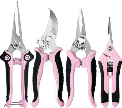 4 Pack Garden Pruning Shears, Stainless Steel Garden Shears, Gardening Shears, Garden Scissors, Clippers, Pruning Snips, Pruning Shears for Gardening Tools (Pink)