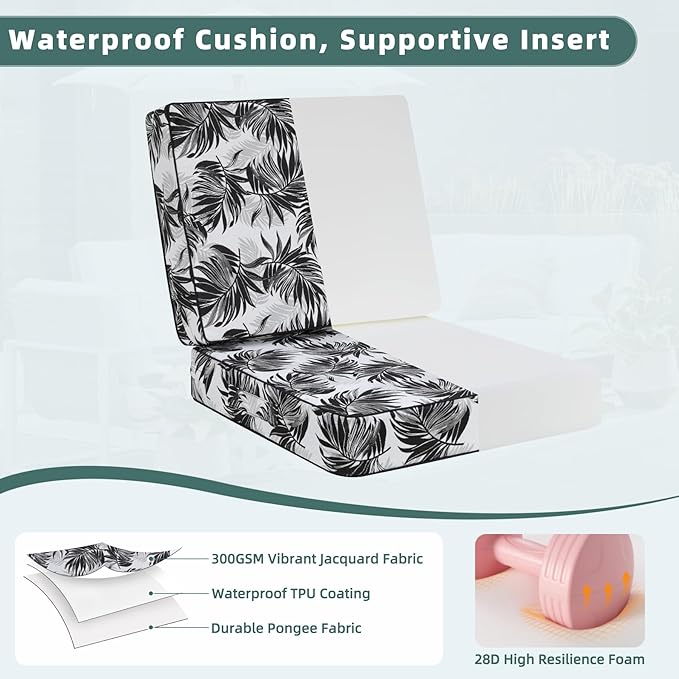 Favoyard Deep Seat Patio Cushion 19 x 19 x 3 in Waterproof Seat & Back Cushion Set with Color Fade Resisitant Pattern, Portable Handle, Attach Straps, Zipper on Removable Cover for Outdoor Furniture