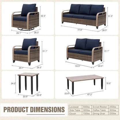 Modern Wicker Patio Furniture Set, Rattan Outdoor Conversation Set， 2 Patio Chairs, 2 Swivel Rocking Chairs, 3 Seat Couch, Loveseat, Coffee Table and Side Table, 8 Pieces, Brown/Blue