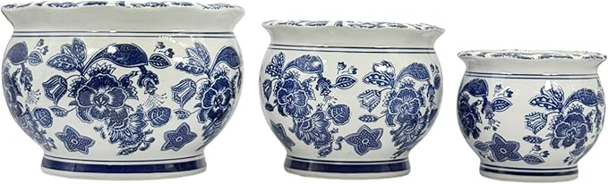 Galt International Floral Blue & White Round Porcelain Ceramic Plant Flower Planter Pot Set of 3 (8", 10", 12") Garden Pots Chinese Asian Design