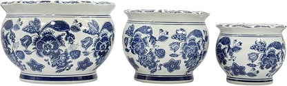 Galt International Floral Blue & White Round Porcelain Ceramic Plant Flower Planter Pot Set of 3 (8", 10", 12") Garden Pots Chinese Asian Design