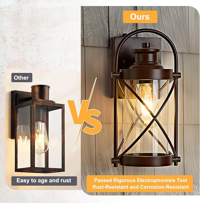 Dusk to Dawn Outdoor Wall Lights Fixtures, Waterproof Exterior Lighting Fixtures with Photocell Sensor,Vintage Coffee-Bronze Metal Cage Lantern Outside Lights for Porch Patio House Garage（2 Pack）