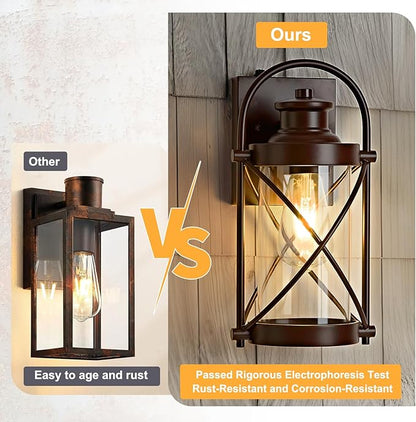 Dusk to Dawn Outdoor Wall Lights Fixtures, Waterproof Exterior Lighting Fixtures with Photocell Sensor,Vintage Coffee-Bronze Metal Cage Lantern Outside Lights for Porch Patio House Garage（2 Pack）
