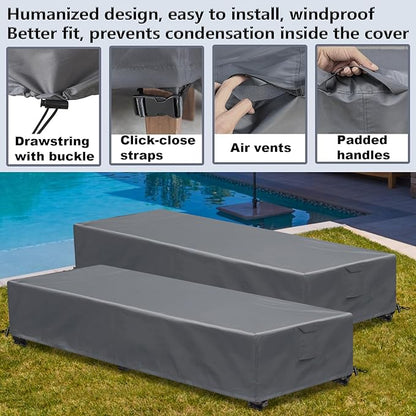 Waterproof Patio Lounge Chair Cover 4 Pack Outdoor Chaise Lounge Covers 600D Weather Resistant Material, UV Protection, Windproof Design Outside Furniture Covers 80" x 28" x 14" H, Grey