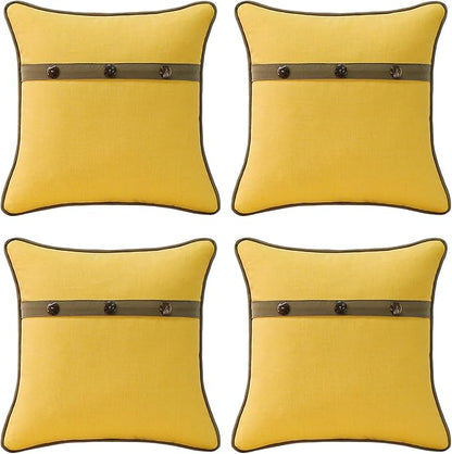 Outdoor Sunbrella Decorative Pillows with Triple Coconut Buttons Pack of 4, 16" x 16" Outdoor Pillow Set for Couch Bed Throw Patio Sofa, Spectrum Daffodil/Canvas Cocoa