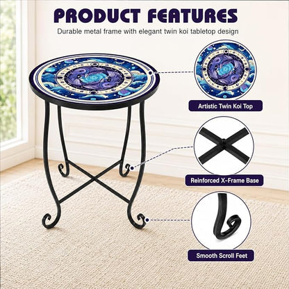 15 Inch Tall Outdoor Side Table, Metal Patio End Table with Twin Koi Fish Pattern, Rust Proof Black Small Garden Stool for Deck, Coastal Decor & Mermaid Table Gift