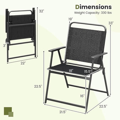 Tangkula Outdoor Folding Chairs Set of 2, Patio Dining Chairs with Breathable Fabric Seat & Cozy Armrests, Heavy-Duty Metal Frame, Portable Lawn Chairs for Backyard, Porch, Camping (2, Black)