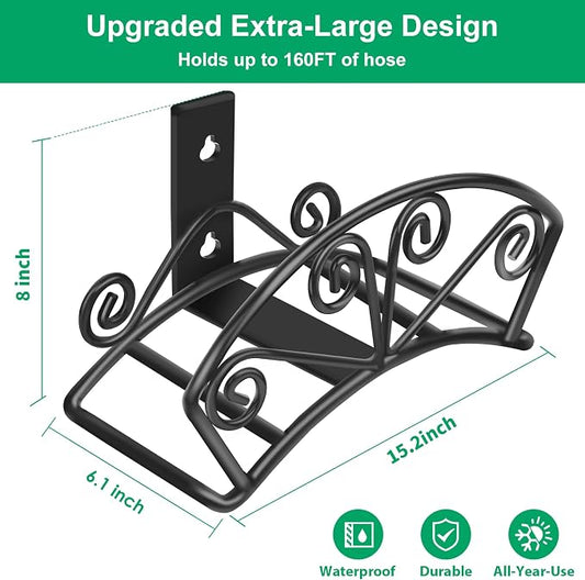 TomCare Garden Hose Holder Extra Large Water Hose Holders Holds 160 FT Hoses Heavy Duty Metal Hose Hanger Wall Mount Decorative Garden Hoses Storage Organizer Reels for Outside Yard, Black