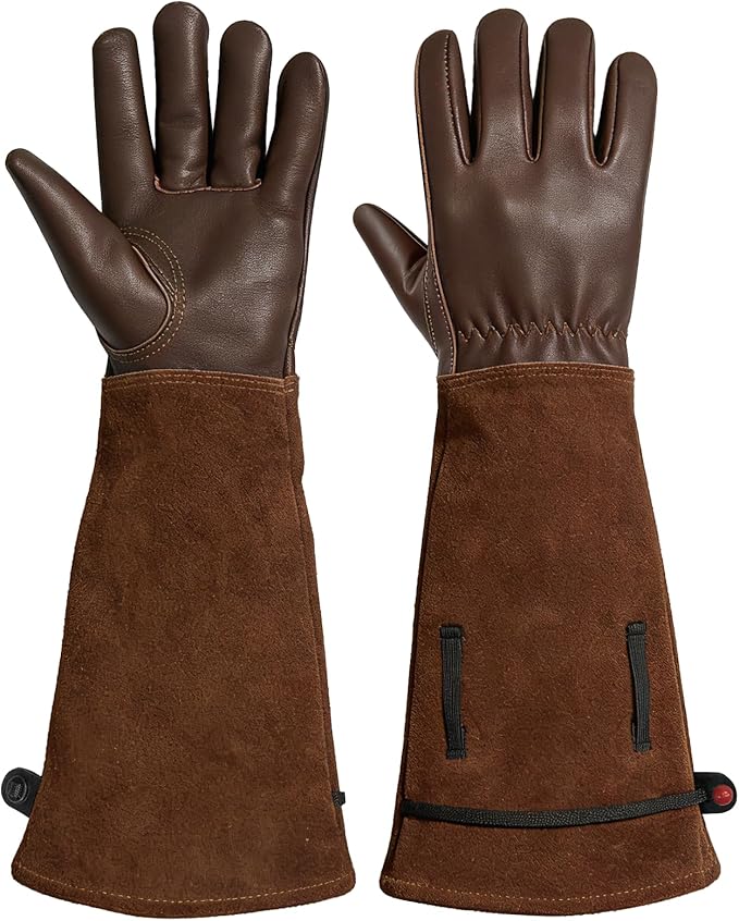 Aegend Gardening Gloves Men, Long Elbow Cuff with Adjustable Strap, Sun & Dirt Protection, Cowhide Leather, Breathable & Comfortable Yard Work, Fit Large Hands for Gardeners (Brown, XL)