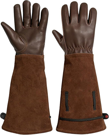 Aegend Gardening Gloves Men, Long Elbow Cuff with Adjustable Strap, Sun & Dirt Protection, Cowhide Leather, Breathable & Comfortable Yard Work, Fit Large Hands for Gardeners (Brown, XL)