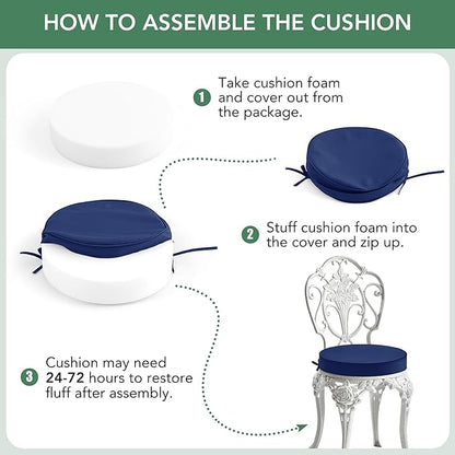 Summsun Outdoor Bistro Chair Cushions Set of 4, 15" D x 3" H Round Chair Cushions Waterproof and Fade Resistant Chair Cushion Pads with Non-Slip Ties and Removable Covers for Garden, Navy Blue