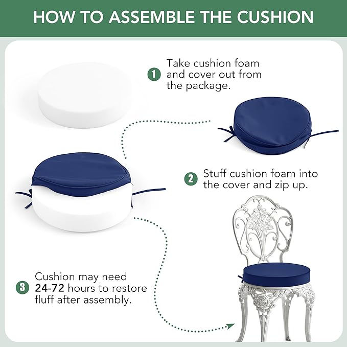 Summsun Outdoor Bistro Chair Cushions Set of 2, 15" D x 3" H Round Chair Cushions Waterproof and Fade Resistant Chair Cushion Pads with Non-Slip Ties and Removable Covers for Garden, Navy Blue