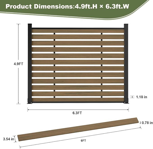 Outdoor Privacy Fence WPC, AC Unit Air Conditioner Screen 5 FT(H) x 6 FT(W) Trash Can with Aluminum Alloy Post, Decorative Fencing, Brown with 2 Post