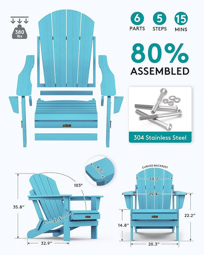 SERWALL Folding Adirondack Chair Outdoor Adirondack Chairs Weather Resistant Patio Chair Fire Pit Chairs - Light Blue