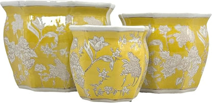 Galt International Yellow & White Round Fluted Floral Porcelain Ceramic Plant Flower Planter Pot Set of 3 (7.5", 10", 13") Garden Pots Chinese Asian Design