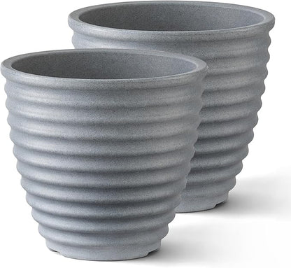 ARBORA 16" Ibiza Polyresin Indoor and Outdoor Planter with Stone Blend Concrete Gray Finish - Durable, Weatherproof, Lightweight, Large Plant Pot for Patio, Garden, Deck, Entryway - 2 Pack
