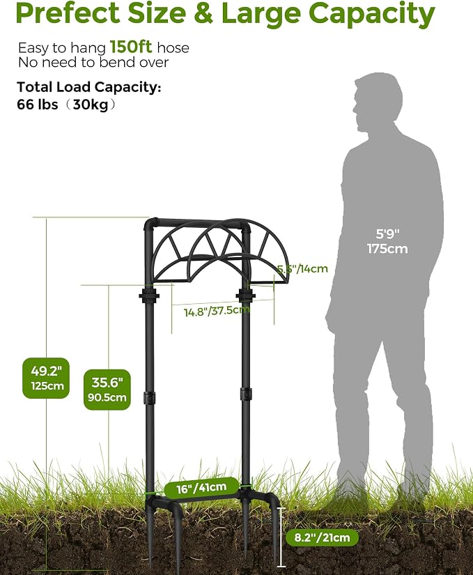 LAND·VOI Freestanding Garden Water Hose Storage Holder Stand for Outside, 160-Ft Hose Heavy Duty Metal Hanger Reel Organizer Outdoor Yard Lawn, Standing Keeper Rack with Ground Stake, Black GHH02B