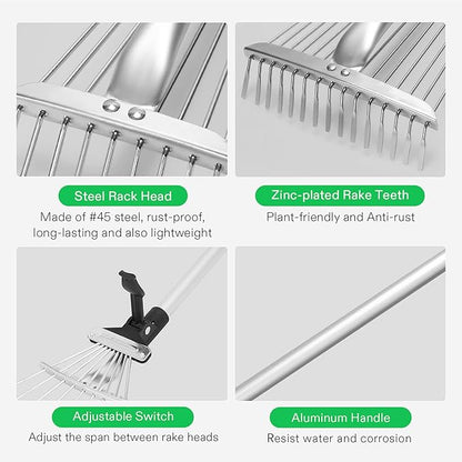 VIVOSUN 2-Piece Leaf Rake Set - Adjustable Garden/Camping Rake with 15/9 Tines, Collapsing Tines & Telescopic Handle (64'' & 30'')