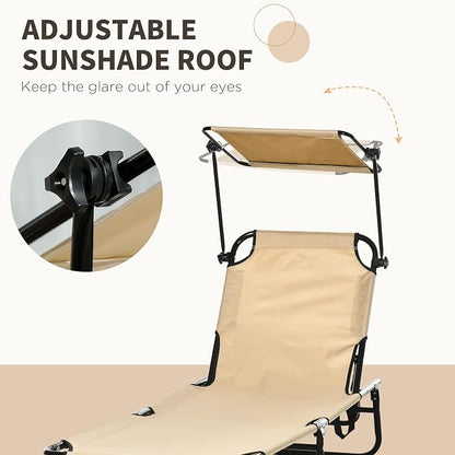 Outsunny Folding Chaise Lounge Pool Lounge Chairs Set of 2, Outdoor Sun Tanning Chairs with Canopy Shade, Reclining Back, Steel Frame and Side Pocket for Beach, Yard, Patio, Tan