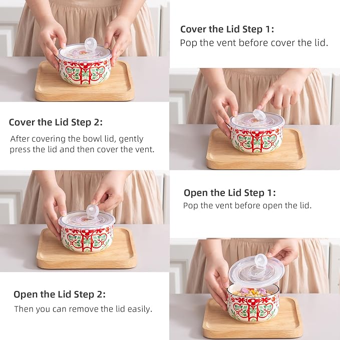 Ceramic Bowl with Lid, Microwave Safe, Set of 4 | Food Storage Containers for Soup, Meal Prep, Cereal, Salad Leftovers - Picnic, Camping, Office Lunch - 20 oz, Red-Pattern