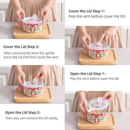 Ceramic Bowl with Lid, Microwave Safe, Set of 4 | Food Storage Containers for Soup, Meal Prep, Cereal, Salad Leftovers - Picnic, Camping, Office Lunch - 20 oz, Red-Pattern
