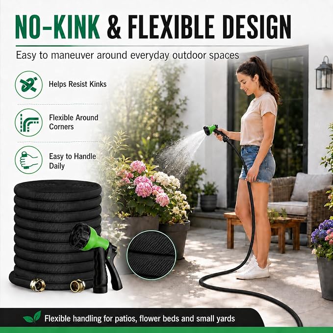 100FT Lightweight Flat Garden Hose for Women & Seniors, Non-Expandable Water Hose with 10-Pattern Spray Nozzle, Easy Storage No-Kink Hose for RV, Patio, Small Backyard, Car Wash & Everyday Watering