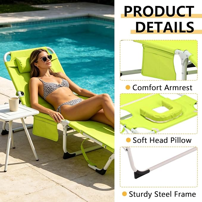 HRVEOCEI 3-in-1 Sun Tanning Chair with Face Hole,Adjustable 5-Position Folding Laying Out Chairs for Tanning,Outdoor Face Down Beach Lounger Sun Bathing Lounge Chair for Pool Deck Patio (Green)