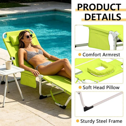 HRVEOCEI 3-in-1 Sun Tanning Chair with Face Hole,Adjustable 5-Position Folding Laying Out Chairs for Tanning,Outdoor Face Down Beach Lounger Sun Bathing Lounge Chair for Pool Deck Patio (Green)