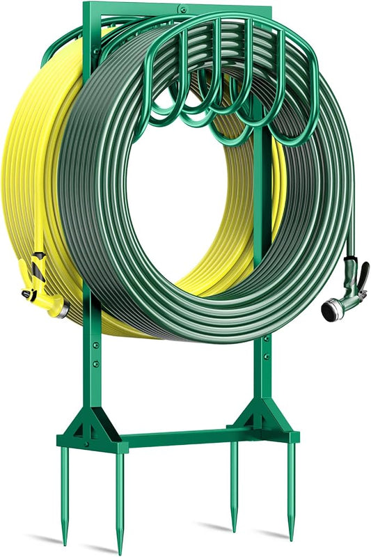 HeroicLion Garden Hose Holder Holds 2 x 151FT Hoses, Heavy-Duty Metal Freestanding Hose Stand with Stable Base, Rustproof Water Hose Holders for Outside Yard Lawn Farm, Green