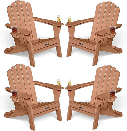 Folding Adirondack Chairs Set of 4,All-Weather HDPE Fire Pit Chair with 2 Cup Holders, Outdoor Chair for Patio Deck Garden Lawn, Teak