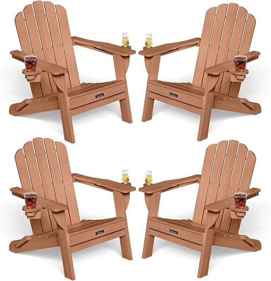 Folding Adirondack Chairs Set of 4,All-Weather HDPE Fire Pit Chair with 2 Cup Holders, Outdoor Chair for Patio Deck Garden Lawn, Teak