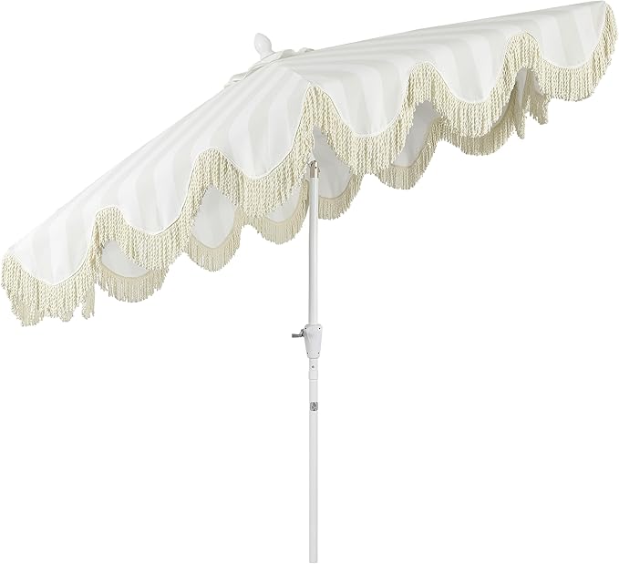 JONATHAN Y UMB1001 Collins 9 ft. Classic Cottage Tassel Market Patio Umbrella with Auto-Tilt, Crank, Wind Vent and UV Protection