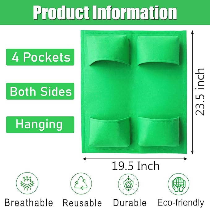 Miewslan Hanging Railing Grow Bag, 4 Pocket Vertical Planter Garden Plant Hanger Grow Bags, Both Sides Fence Fabric Hanging Planter Bag for Salads, Herbs, and Flowers (Green)