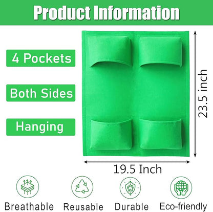 Miewslan Hanging Railing Grow Bag, 4 Pocket Vertical Planter Garden Plant Hanger Grow Bags, Both Sides Fence Fabric Hanging Planter Bag for Salads, Herbs, and Flowers (Green)