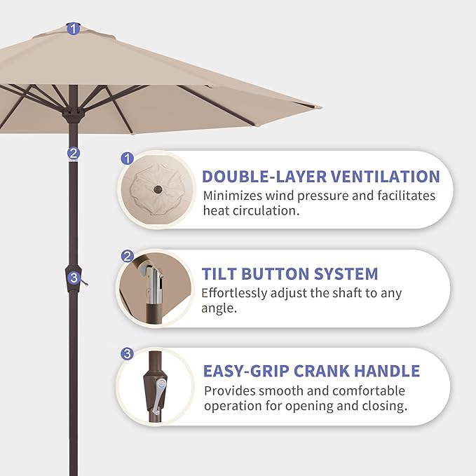 Kingdura 10FT Outdoor Patio Umbrella, Market Table Umbrella with Push Button Tilt and Crank, 8 Sturdy Fiberglass Ribs, UV Protection for Pool, Lawn, Deck, Backyard, Garden (Beige)