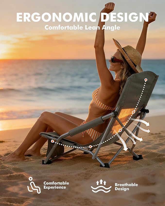AKSOUL Folding Beach Chair for Adults: Low/High Back Chairs with Carry Bag - Extra Wide Seat Chair with Comfortable Pillow & Storage Pocket (1 Pack & 2 Pack, Blue)