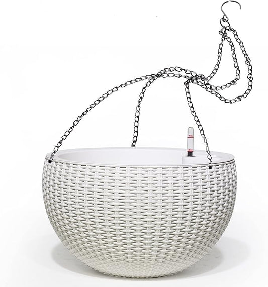 Dexceder 13.5 Inch Large Self Watering Hanging Planters Indoor Outdoor, Thickened Hanging Basket Flower Plant Pot with Water Level Indicator (White)