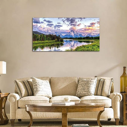 arteWOODS Landscape Canvas Wall Art Nature Picture Oxbow Bend Grand Teton National Park Modern Canvas Artwork River and Forest Contemporary Wall Art Large Size for Home Office Decoration 24" x 48"