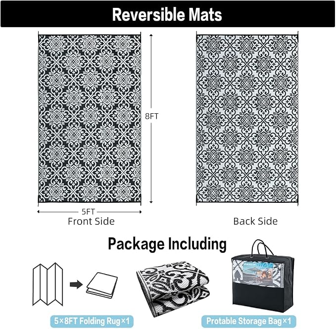 HUGEAR Outdoor Rug for Patios Clearance,Waterproof Mat,Large Outside Carpet,Reversible Plastic Straw Camping Rugs,Rv,Porch,Deck,Camper,Balcony,Backyard (5x8,Danica/Black&White)
