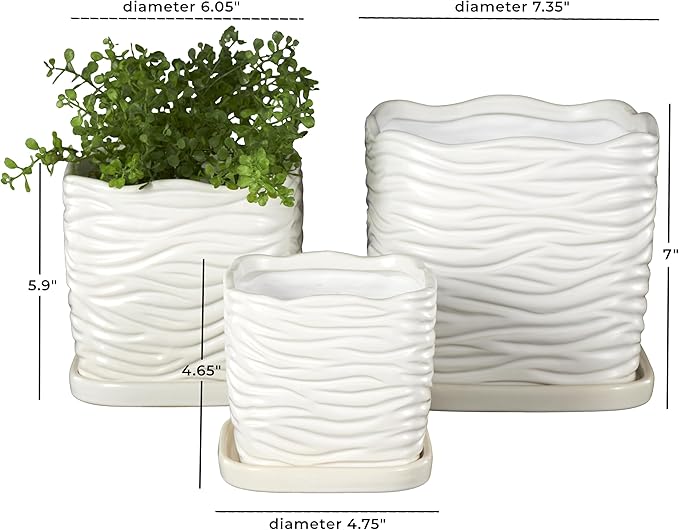 Deco 79 Ceramic Indoor Outdoor Planter Wavy Ribbed Large Planter Pot with Attached Saucer, Set of 3 Planters 7",6",5" H, White
