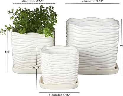 Deco 79 Ceramic Indoor Outdoor Planter Wavy Ribbed Large Planter Pot with Attached Saucer, Set of 3 Planters 7",6",5" H, White