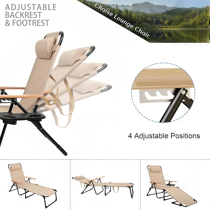 Foldable Chaise Lounge Chair Outdoor, 4-Position Reclining Outdoor Lounge Chairs with Wooden Armrest, Folding Sun Lounger with Removable Pillow for Garden Beach Patio Camp (Beige)