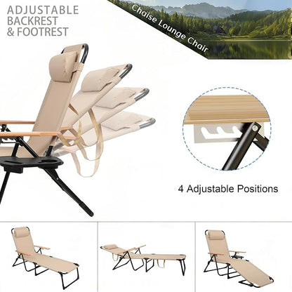 Foldable Chaise Lounge Chair Outdoor, 4-Position Reclining Outdoor Lounge Chairs with Wooden Armrest, Folding Sun Lounger with Removable Pillow for Garden Beach Patio Camp (Beige)