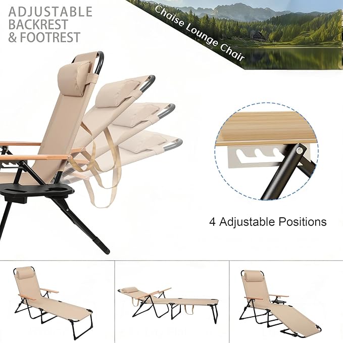 Foldable Chaise Lounge Chair Outdoor, 4-Position Reclining Outdoor Lounge Chairs with Wooden Armrest, Folding Sun Lounger with Removable Pillow for Garden Beach Patio Camp (Black with Canopy)