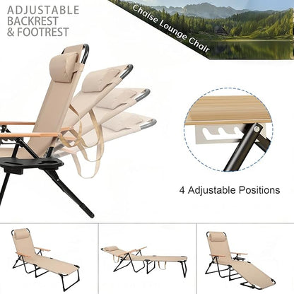 Foldable Chaise Lounge Chair Outdoor, 4-Position Reclining Outdoor Lounge Chairs with Wooden Armrest, Folding Sun Lounger with Removable Pillow for Garden Beach Patio Camp (Black with Canopy)