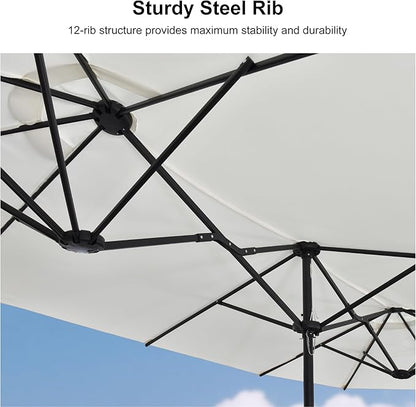 PURPLE LEAF 13ft Patio Market Umbrella with Base Double-Sided Rectangle Outdoor Table Sun Umbrellas with Crank 12 Heavy Duty Sturdy Ribs for Pool Beach Deck Backyard Cream