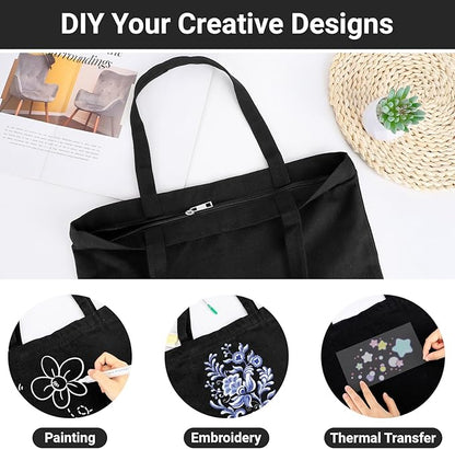 Segarty Black Canvas Tote, 12 Packs 16x15 inch Canvas Bags with Zipper, 12Oz Heavy Duty Reusable Plain Grocery Shopping Totes for Women Crafts Painting Embroidery, Gift Bags Bulk