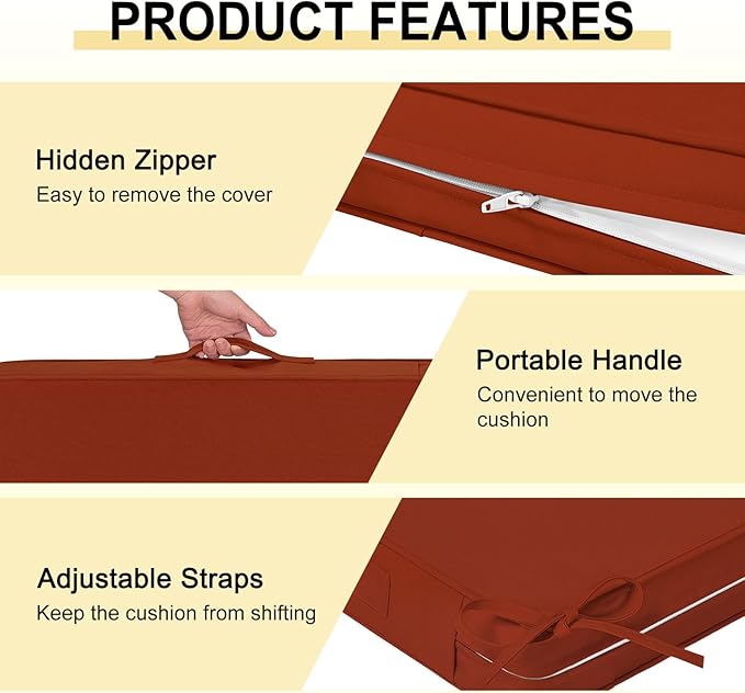 downluxe Waterproof Outdoor Chair Cushions for Patio Furniture, 19" x 19" x 2" Patio Chair Cushion with Adjustable Ties & Portable Handle, Square Outdoor Cushion with Removable Cover, Orange, 2 Pack