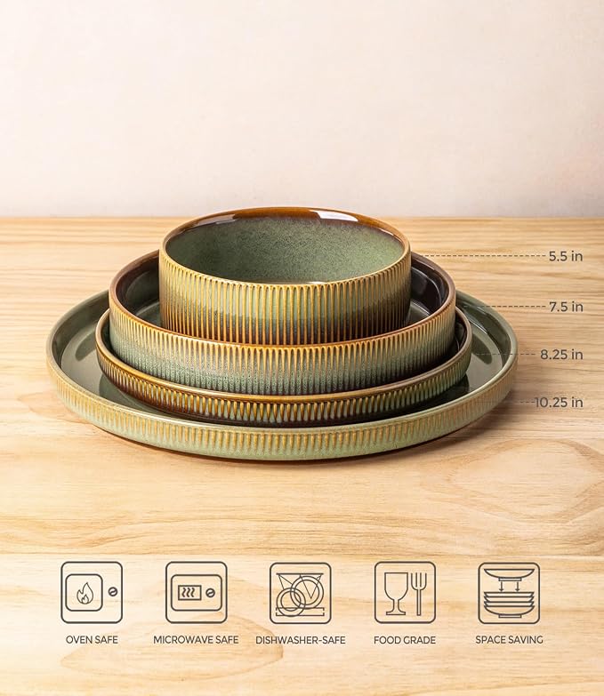 TheTerra Ceramic Dinnerware Sets for 4, 16 Pieces Porcelain Lightweight Plates and Bowls Sets, Scratch Resistant Dish Set, Oven & Microwave & Dishwasher Safe, Sage Umber