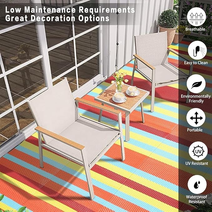 HUGEAR Outdoor Waterproof Rug 8'x10' Plastic Straw Rugs Washable Reversible Floor Mat Rainbow Stripe Carpet for Camping RV Deck Entryance Porch Picnic Balcony Beach Backyard